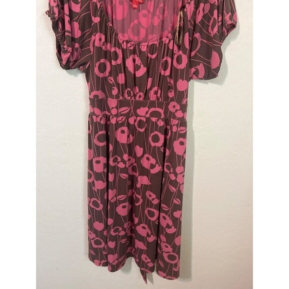 Elle Dress Brown Pink Scoop Neck Very Stretchy Dress Sz L With Waist Belt Tie - Picture 3 of 6